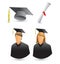 Graduates, diploma, and cap on white backdrop