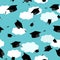 Graduates hats in the clouds sky. Seamless pattern
