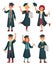 Graduates students. College student in graduation gowns, educated university graduating man and woman characters cartoon
