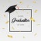 Graduating class of 2018 - template for card, banner, poster with gold confetti, frame and mortarboard. Vector.