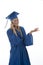 Graduating girl in gown on cell