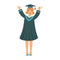 Graduating student girl in an academic gown raising her hands up. Colorful cartoon illustration