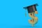 Graduation Academic Cap over Golden Dollar Sign. 3d Rendering