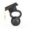 Graduation Academic Cap over Iron Kettlebell. 3d Rendering