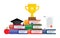 Graduation awards pedestal with cup, graduate cap and certificate.