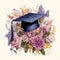 Graduation cap amidst blooming flowers