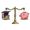 Graduation cap, books and piggy bank on old golden scales. Price of education. Vector.