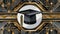 A graduation cap is central in this Art Deco-inspired image, surrounded by gold and black geometric patterns, exuding a