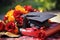 Graduation cap and diploma amidst vibrant roses