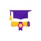 Graduation cap and diploma rolled scroll flat design icon.