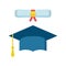 Graduation cap and diploma scroll icon vector illustration in fl