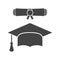 Graduation cap and diploma scroll icon vector illustration in fl