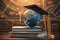 Graduation cap and Earth globe for business study Global education