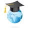 The graduation cap and globe icon. Mortar board and world vector on white.