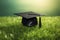 Graduation cap on green grass background with copy space. Education concept, graduation hat lies on green grass, AI Generated