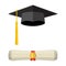 Graduation cap and rolled diploma scroll.