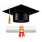 Graduation cap and rolled diploma scroll with stamp. Finish education concept. Academic hat with tassel and university