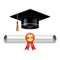 Graduation cap and rolled diploma scroll with stamp. Finish education concept. Academic hat with tassel and university