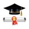 Graduation cap and rolled diploma scroll with stamp. Finish education concept. Academic hat with tassel and university