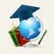 Graduation cap, stack of books, globe, and pen.