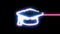 Graduation cap symbol reveal. Blue, yellow, pink colors smoothly shimmer and form a neon electric number