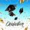 Graduation cap thrown up and golden foil confetti on a blue sky background.