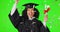 Graduation, celebrate and student with confetti on a green screen for university achievement. African woman with a