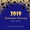 Graduation ceremony banner with graduate caps, glitter dots on a dark blue background. Congratulation graduates 2019