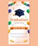 Graduation ceremony vertical banner with cap, balloon and garlands. Vector layout invitation template. Degree ceremony