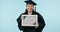 Graduation certificate, studio or happy woman for college education, school study progress or university success