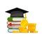 Graduation cost or expensive education or scholarship loan vector, flat cartoon money stack of books and cap or hat