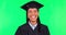 Graduation, face and happiness with education on green screen, cap and gown on studio background. Mockup space, academic