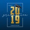 Graduation greeting card. Class of 2019 - banner with gold numbers, frame and mortarboard. Congratulations poster of graduation.
