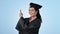 Graduation, happy or student pointing to education, college or university presentation for offer. Smile, woman or