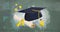 Graduation hat and diploma icon against mathematical diagrams and equations on black board