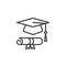 Graduation hat and diploma line icon, outline vector sign