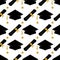 Graduation hat and diploma seamless pattern. Grad ceremony backdrop. Vector template for fabric, textile, wallpaper