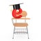 Graduation Hat with E Letter over Wooden Lecture School or College Desk Table with Chair. 3d Rendering