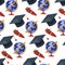 Graduation hat and globe, pen and earth model seamless pattern