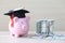 Graduation hat on Pink piggy bank with banknote on wooden background, Saving money for education concept