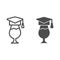 Graduation hat and wine glass line and solid icon. Wineglass wearing academic cap outline style pictogram on white