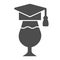 Graduation hat and wine glass solid icon. Wineglass wearing academic cap glyph style pictogram on white background