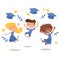 Graduation kids celebration with joy banner vector illustration. Diversity school kids jumping for joy and tossing their