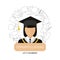 Graduation logo template design elements. Icon girl surrounded by school items.