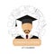 Graduation logo template design elements. Icon guy in school clothes surrounded by school subjects.