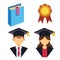 Graduation man and woman silhouette uniform avatar vector illustration. Student education college success character with