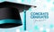 Graduation messages vector design. Congrats graduates text with 3d mortarboard cap in bokeh lights background for college.