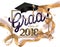 Graduation party 2018 banner with gold ribbon, frame and confetti.