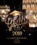 Graduation party 2018 invitation card with sparkling hanging lamps, confetti and garlands.