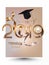 Graduation party 2019 invitation beige card with draduation cap, gold ribbon and sparks.